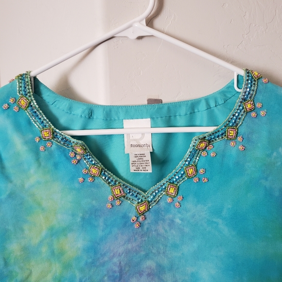Roaman's Blue Tie Dye Beaded Chiffon Dress - Picture 2 of 14